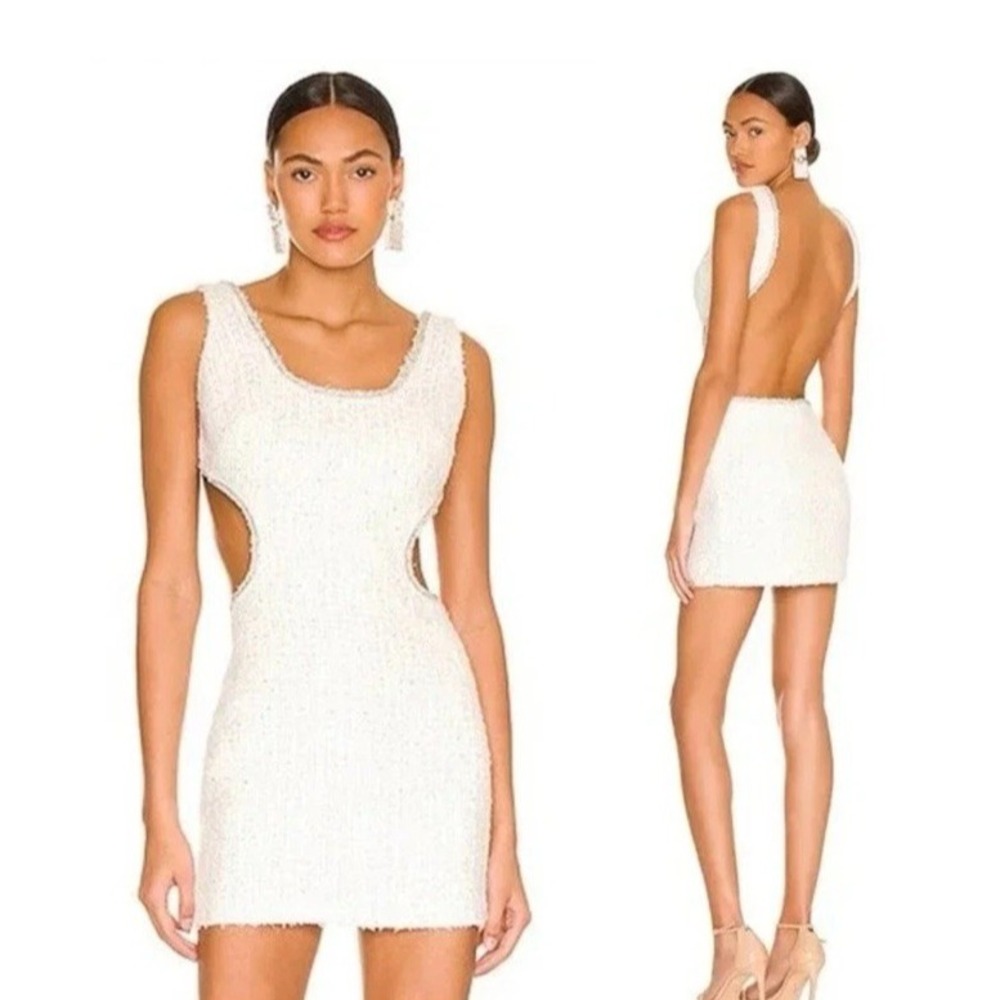 NBD Kenzie Tweed Mini Dress Jewel‎ Open Back Metallic Sequin Size S White Silver